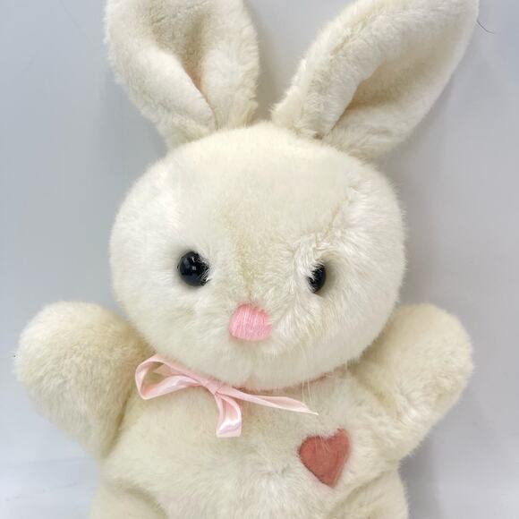 18" Vintage 1984 Dakin White Heart Throb Bunny Plush Pink Ribbon Flat Rabbit - Picture 2 of 10